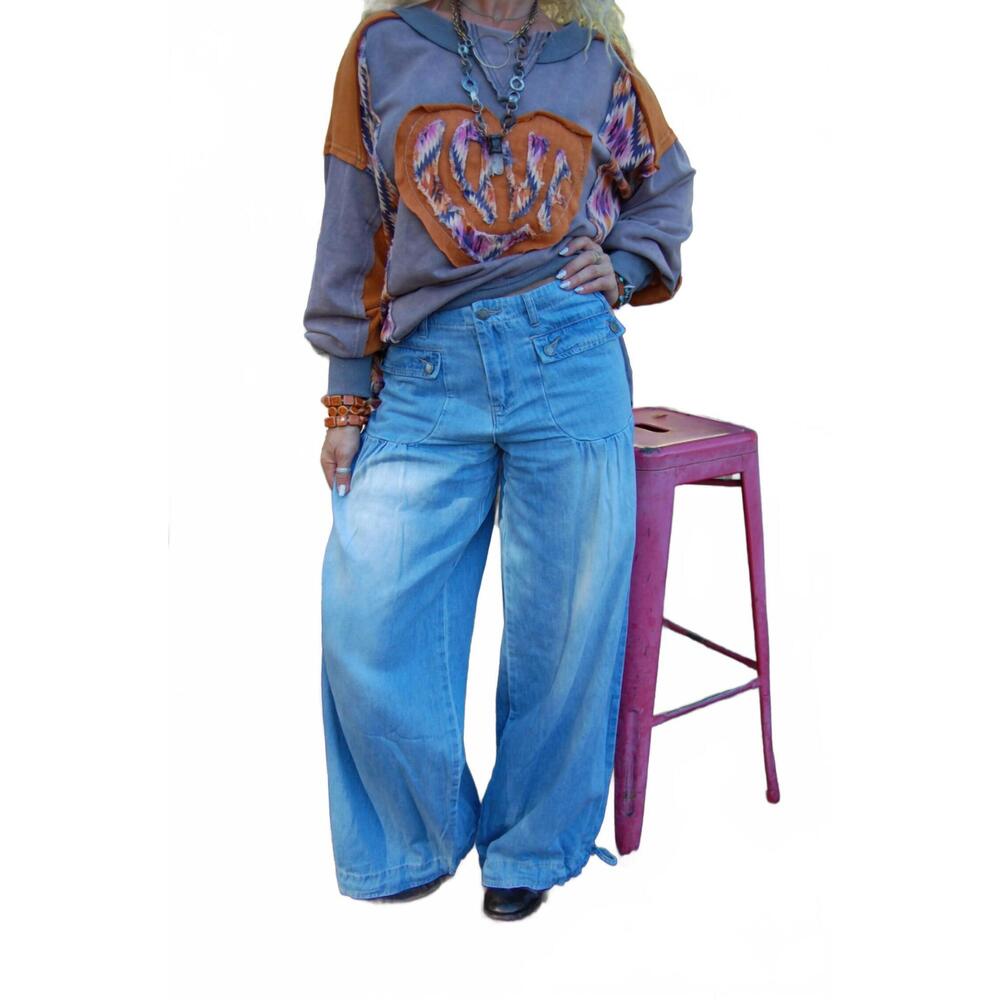 NEW VERVET BY FLYING MONKEY tie bottom flowy pants in light washed denim